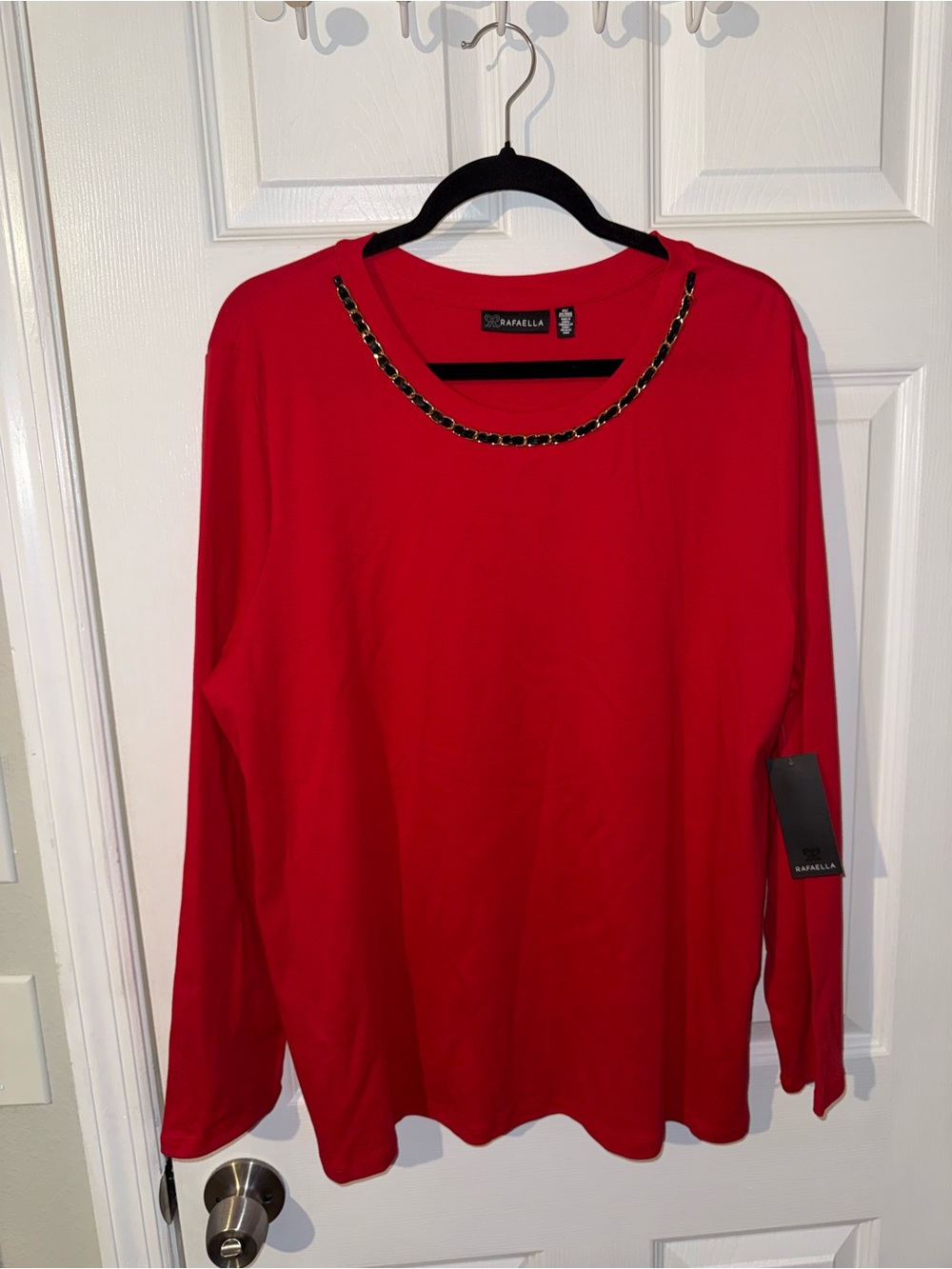 Rafaella Red Long Sleeve Crew Sweater with Chain Trim